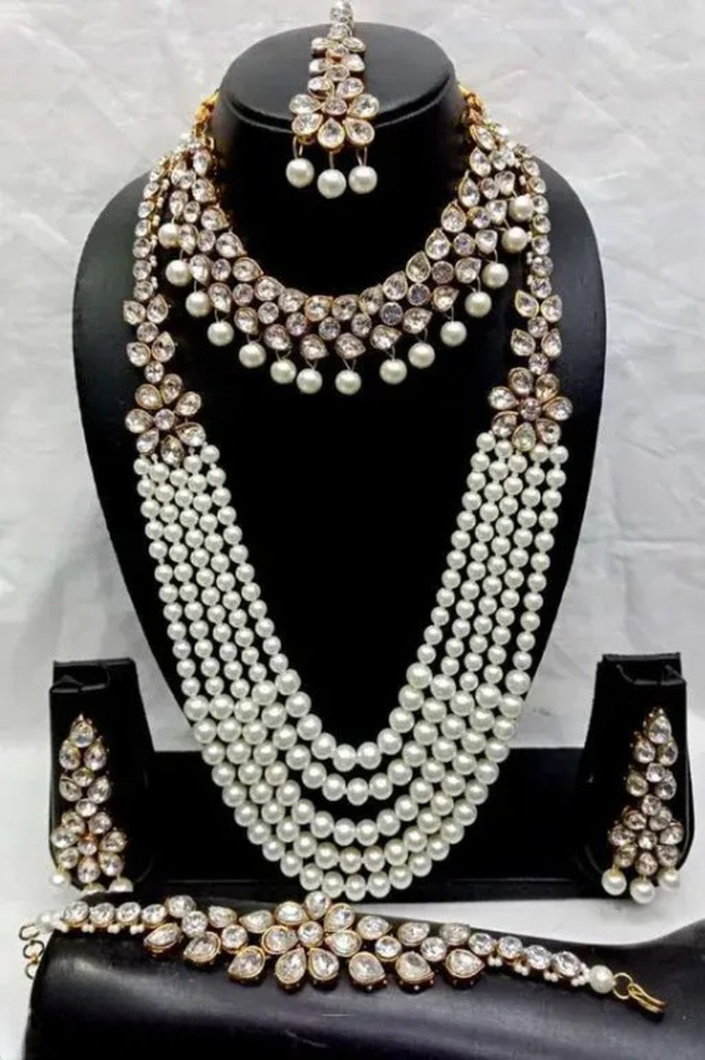 Luxury Pearl and Crystal Bridal Jewelry Set - Traditional Indian Wedding Necklace Set, Earrings, Tikka, and Bracelet, Traditional Indian Wedding Jewelry (Set of 3)