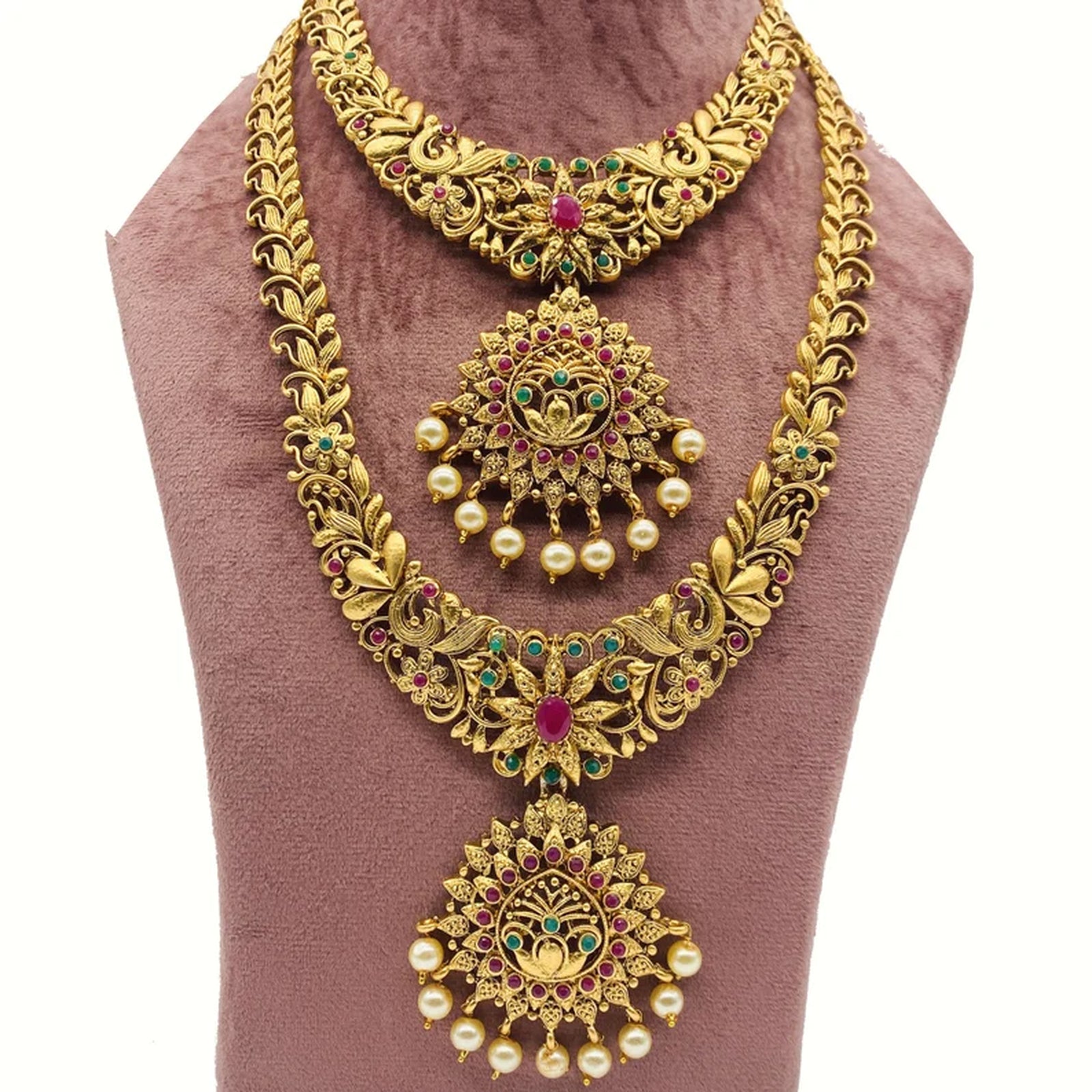 Traditional Gold-Plated Long Necklace Set, Earrings – Handcrafted Ethnic Bridal Jewelry for Weddings & Festival, Traditional Indian Wedding Jewelry (Set of 3)