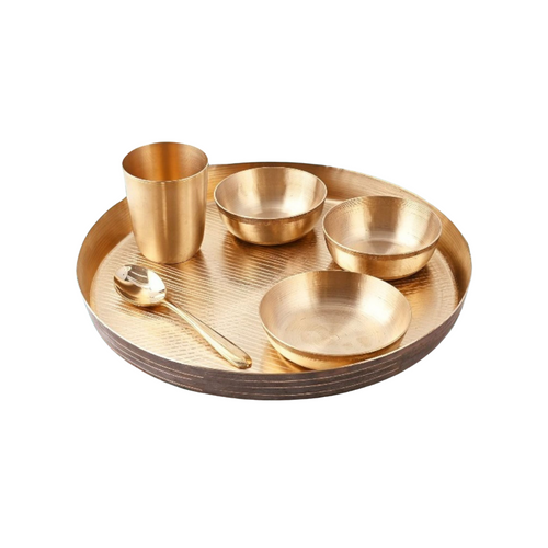 Pure Kansa Dinner Set with Golden Shine Finish | Handcrafted Golden Bronze Dinnerware | Set of 6 - Thali, Bowls, Sweet Dish Bowl, Glass & Spoon