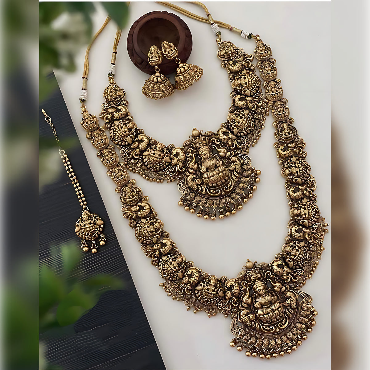 Elegant South Indian Bridal Jewelry Set, Layered Necklace and Traditional Accessories, Indian Wedding Jewelry (Set of 2)