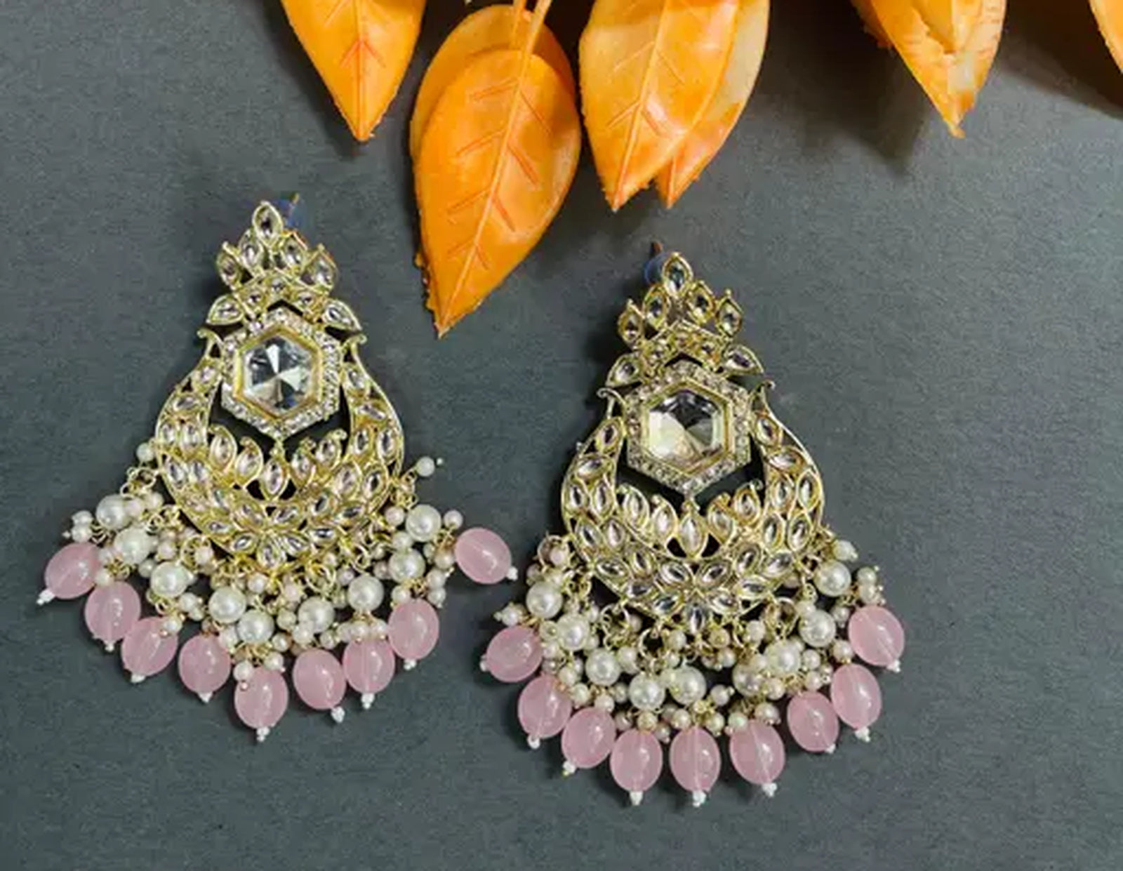 Exquisite Kundan-Inspired Chandelier Earrings, Pearl and Pink Accents, Traditional Indian Wedding Jewelry (Set of 1)