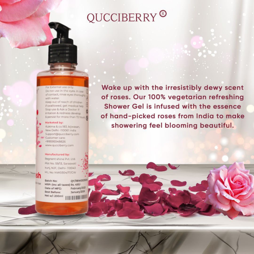 Qucciberry Rose Bodywash – Nourishing, Moisturizing Shower Gel with Natural Ingredients, Long-Lasting Floral Aromatic Blend of Rose, Fruits, and Herbs for Soft, Smooth Skin, Unisex,  200 ML