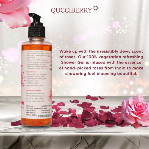 Qucciberry Rose Bodywash â€“ Nourishing, Moisturizing Shower Gel with Natural Ingredients, Long-Lasting Floral Aromatic Blend of Rose, Fruits, and Herbs for Soft, Smooth Skin, Unisex,  200 ML