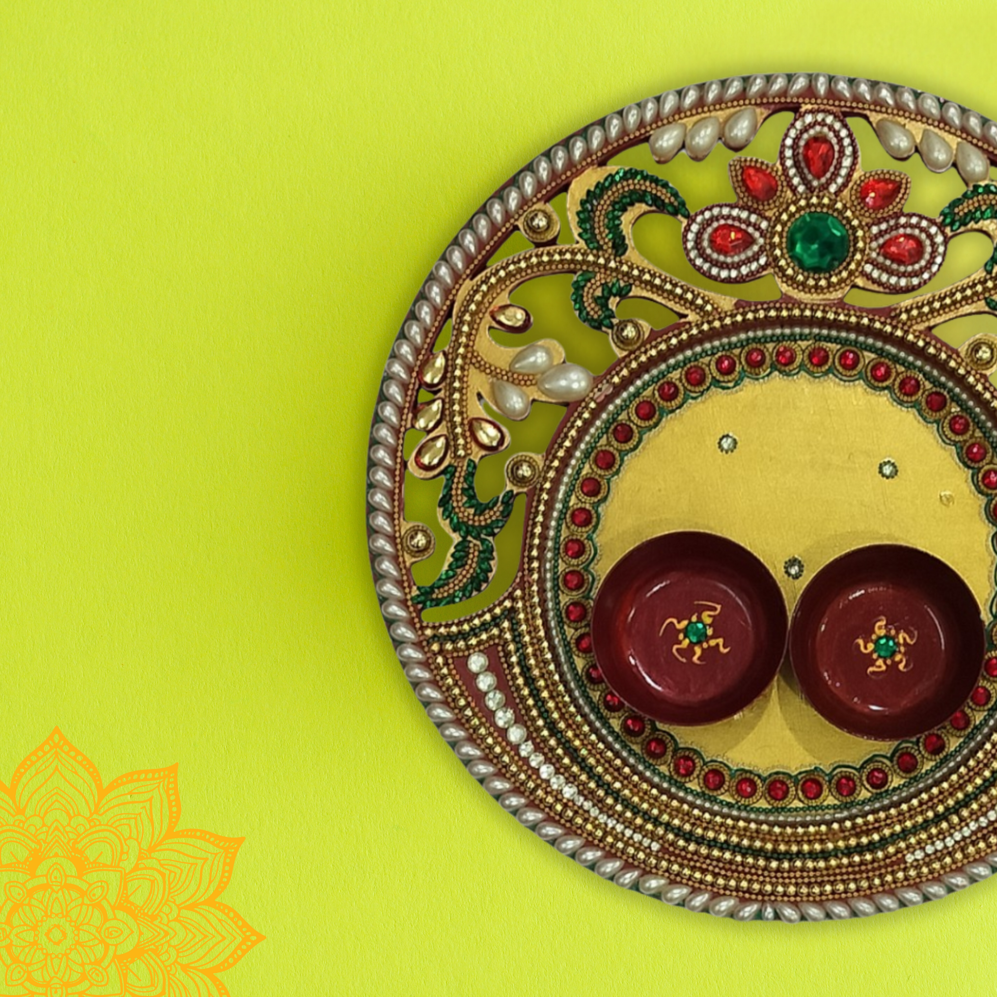 Handcrafted Wooden Pooja Thali with Decorative Design | Traditional Round Thali for Home with Bead & Gemstone Detailing - 9.5 Inch