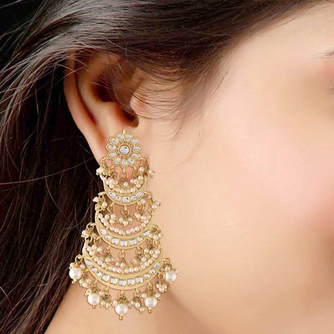 Elegant Pearl Chandelier Earrings Traditional Gold-Plated Indian Wedding Jewelry, Traditional Indian Wedding Jewelry (Set of 1)