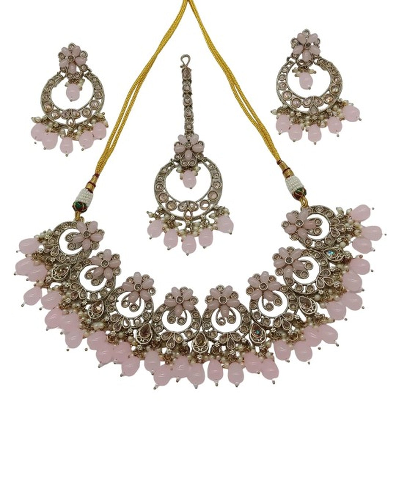 Elegant Pink and Gold Indian Jewelry Set - Necklace, Earrings, and Maang Tikka, Traditional Indian Wedding Jewelry (Set of 2)