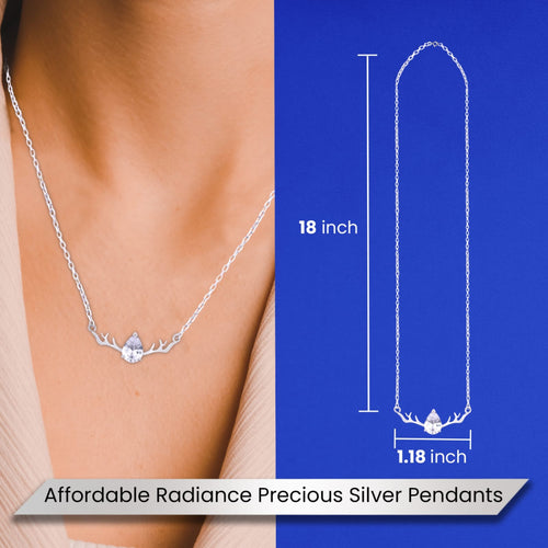 Sterling Silver Deer Horn Shape Pendant with Cubic Zirconia, Drop Shape, Elegant & Affordable,Chain, Perfect Gift for Her