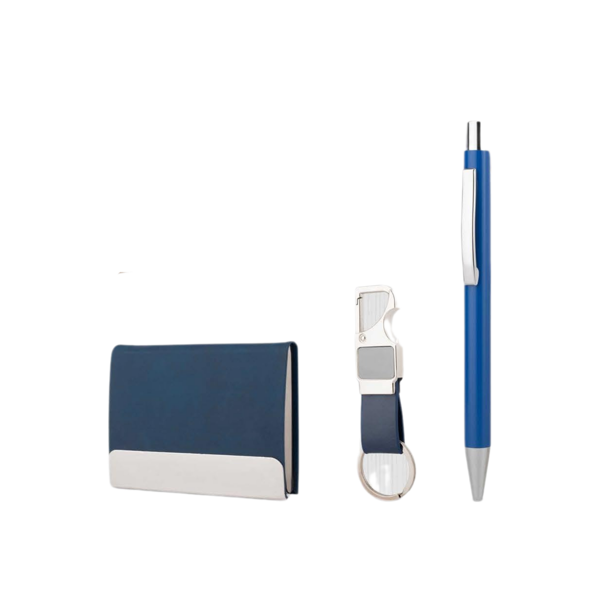 Premium Corporate Gift Set with Metal Pen, Card Holder & Keychain | 3-in-1 Custom Business Gift Set with Blue PU Leather