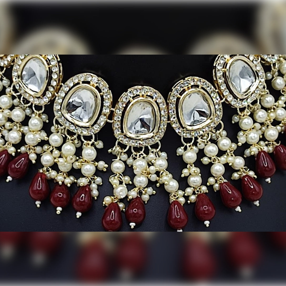 Elegant Kundan Pearl Necklace Set, Maroon Drops and Matching Tikka, Traditional Indian Wedding Jewelry (Set of 2)