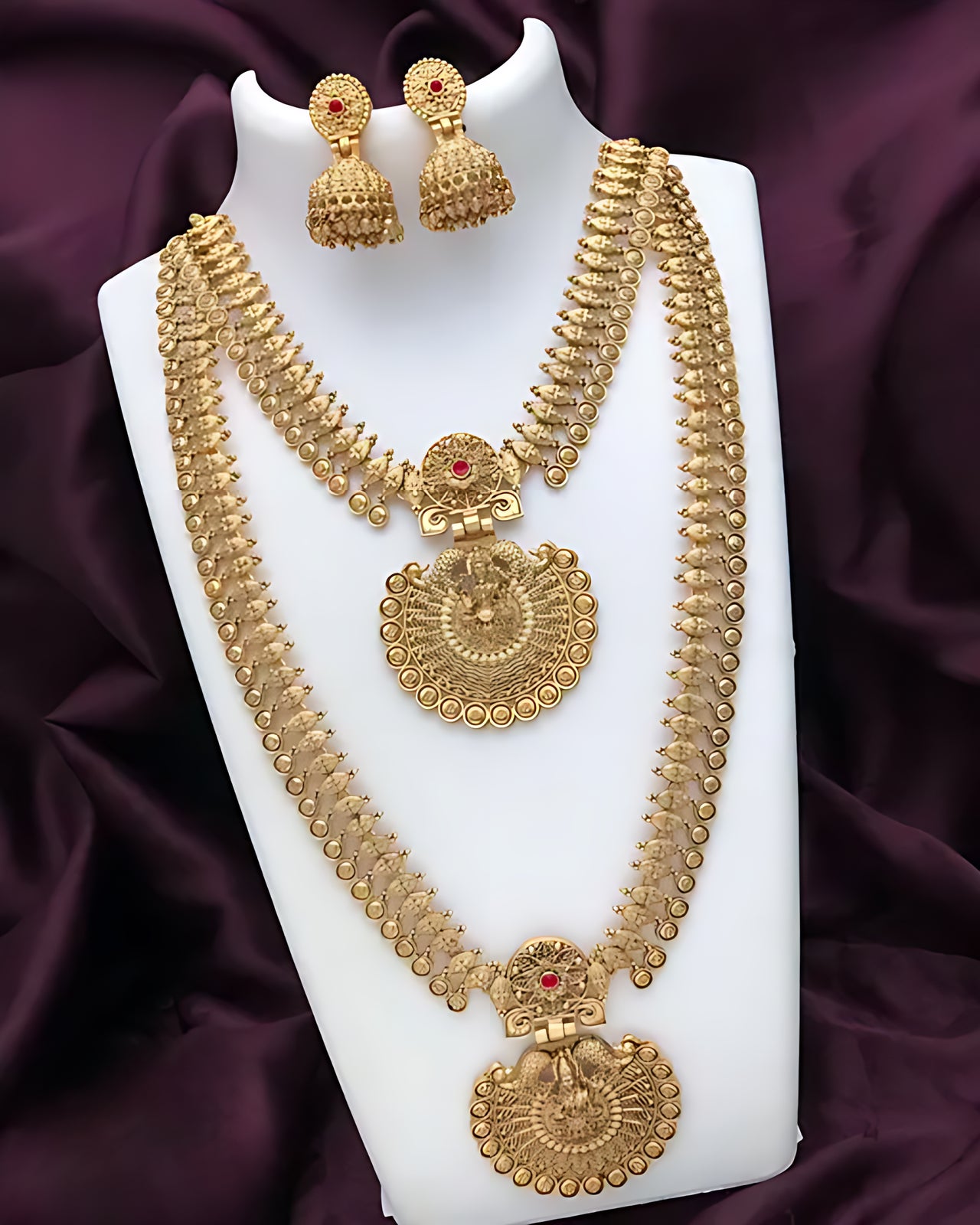 Temple Jewelry Set, Ganesha Pendant - Traditional South Indian Gold Plated Multi-Layer Necklace Set Pearl Clusters, Traditional Indian Wedding Jewelry (Set of 2)