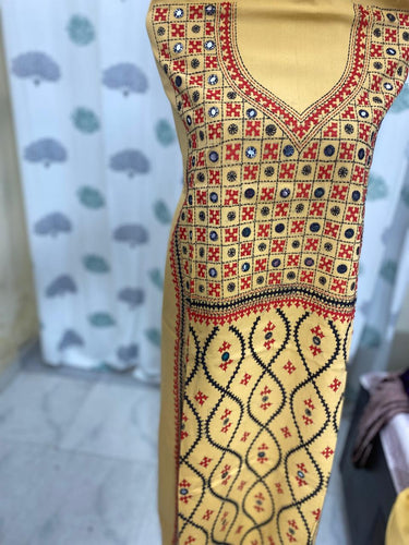 Yellow Bengal Sindhi Embroidery Cotton Kurta Material, Traditional Kantha Embroidery, Soft and Comfortable Fabric for Custom Stitches, Unstitched Cotton Fabric for Ethnic Wear (2.7m)