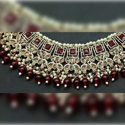 Exquisite Maroon and Gold Kundan Jewelry Set, Pearl Accents, Traditional Indian Wedding Jewelry (Set of 2)