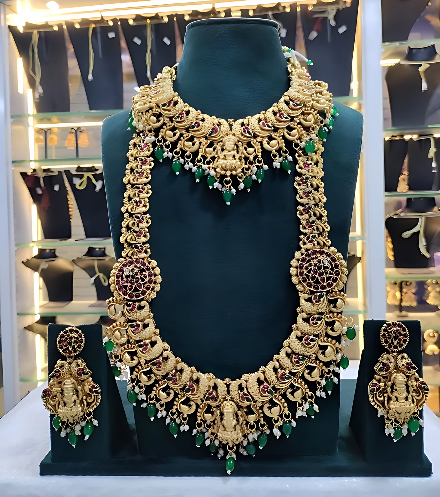 Indian Traditional Lakshmi Temple Antique Gold Necklace Set, Emerald Green Beads and Ruby Work, Traditional Indian Wedding Jewelry (Set of 2)