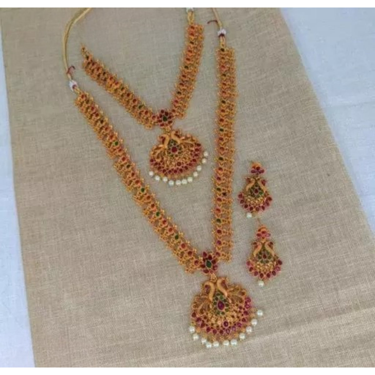 Traditional Temple Lakshmi Necklace Set, Ruby and Emerald Stones – Antique Gold Plated Indian Bridal Jewelry, Traditional Indian Jewelry (Set of 2)