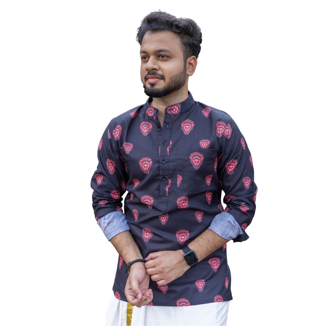 Theyyam Loop Kurta, Short Sleeve Kurta, Men's Traditional Shirt, Comfortable Cotton Shirt with Theyyam Art (Size 40, Maroon)