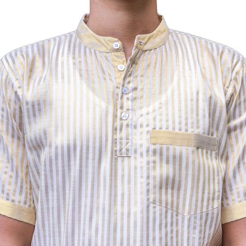 Kerala Striped Kasavu Cotton Half Sleeve Short Kurta, Men's Kerala Shirt, Comfortable Cotton Kurta for Summer (Size 40, Kasavu)