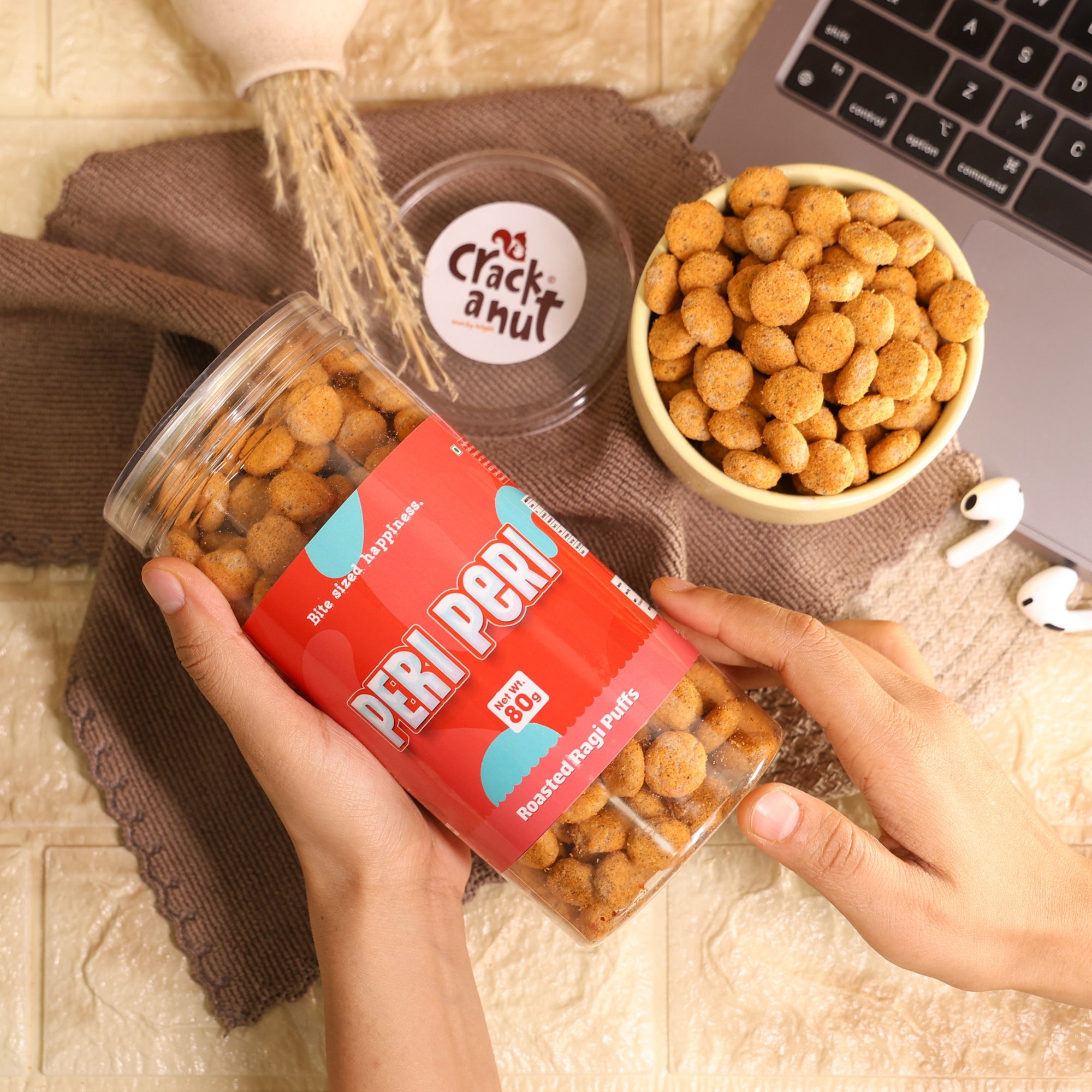 Crack A Nut's Peri Peri Roasted Multi-Grain Puffs, Savory & Healthy Snack, Packed with Protein & Low in Sugar, Lightly Roasted Multi-Grain Goodness, Perfect for Cravings & Guilt-Free Indulgence, 100g.