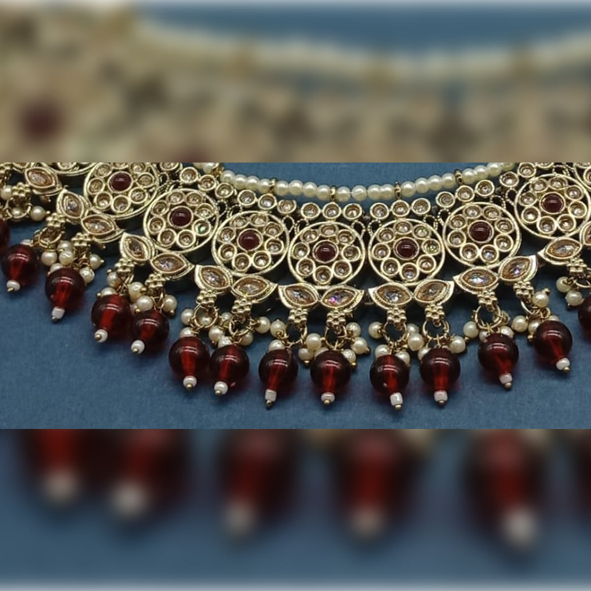 Elegant Wine and Gold Kundan Choker Necklace Set, Earrings and Maang Tikka, Traditional Indian Wedding Jewelry (Set of 2)