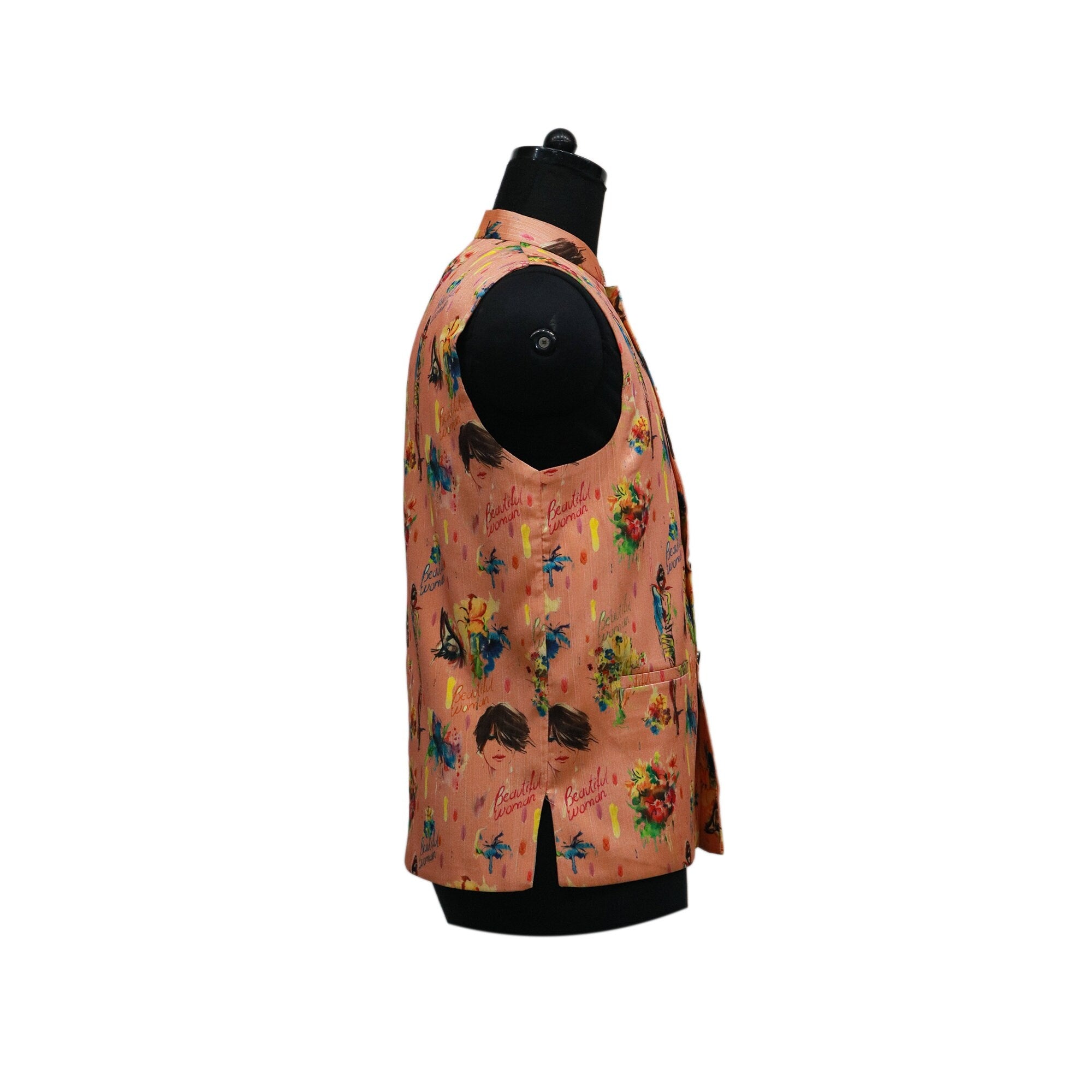 Stylish peach men's Nehru jacket with a colorful floral print, side view on a mannequin. Perfect for parties or ethnic-themed events.