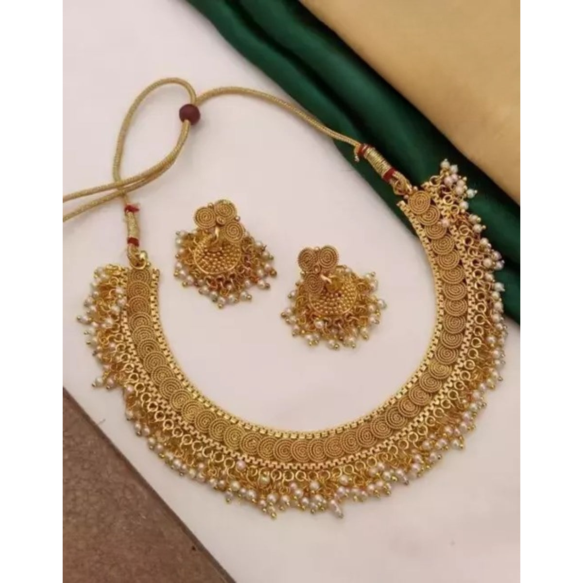 Antique Gold Plated Temple Choker Necklace Set, Pearls – Traditional Indian Bridal Jewelry, Traditional Indian Wedding Jewelry (Set of 2)