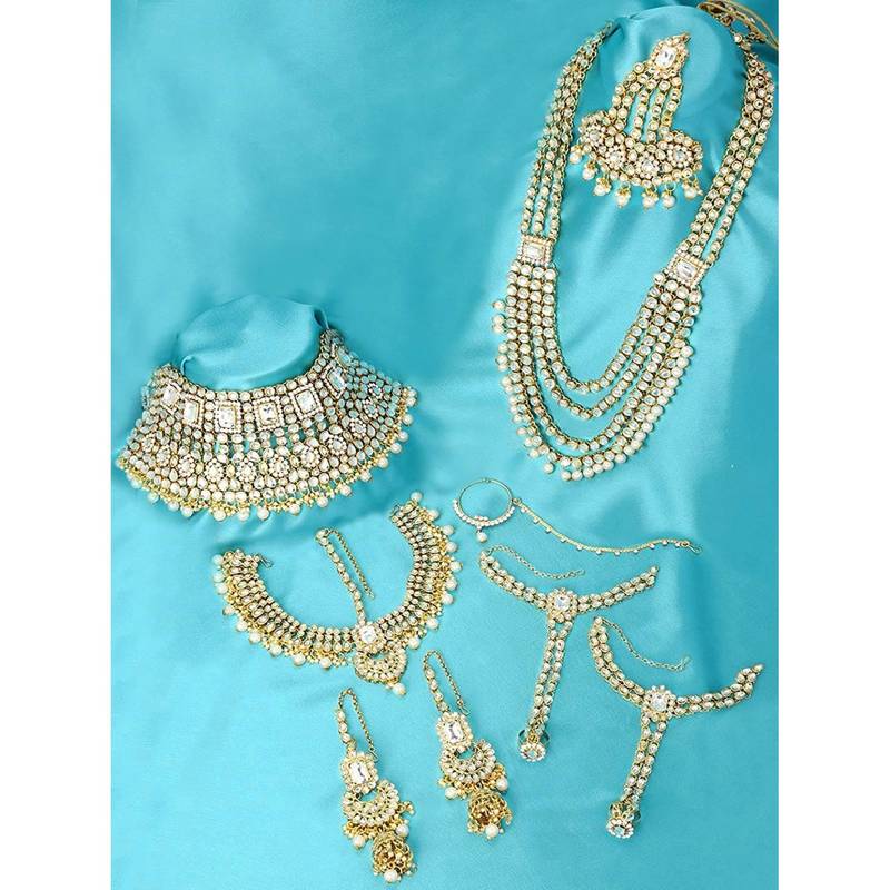 Complete Bridal Kundan Jewelry Set - 8-Piece Royal Indian Wedding Collection, Choker, Rani Haar, Earrings, Maang Tikka & Mathapatti, Traditional Indian Wedding Jewelry (Set of 3)