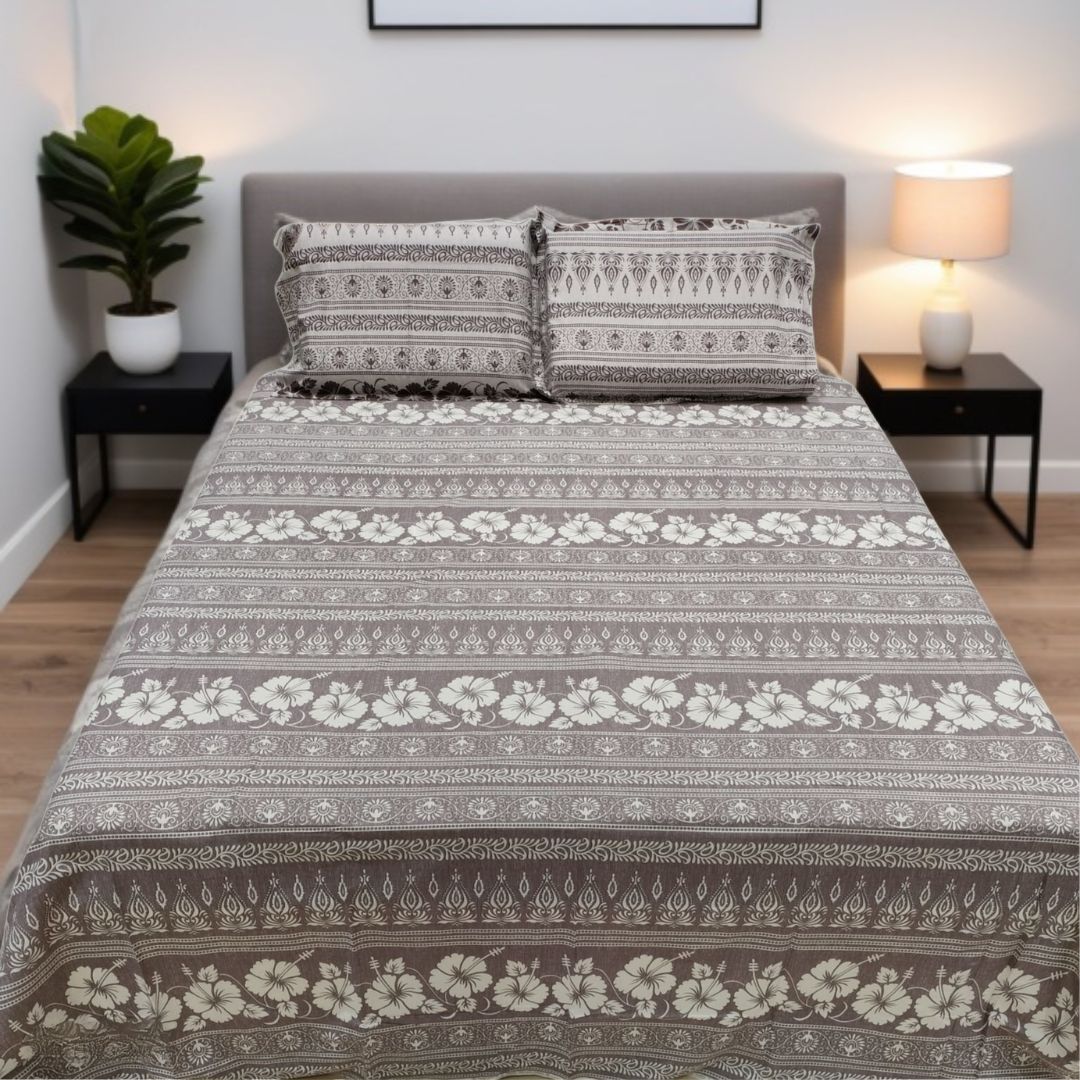 Floral Print, 250 TC 100% Cotton Flat King Size Bedsheet (108 x 108inches) (275 x 275cm) with 2 Large Pillow Covers, Grey