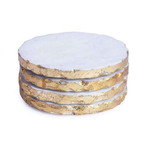 White Marble Round Coasters with Golden Edges - Elegant Anti-Skid Heat-Resistant Home Accessories, Protect surfaces, Ideal for Serving drinks, Coffee or Tea,(10x10 cm) Set of 4