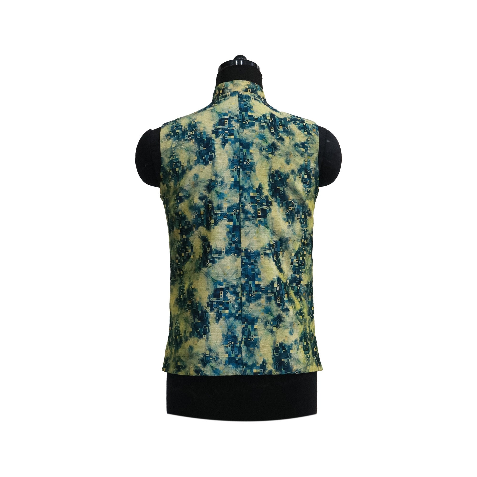 Handmade men's vintage floral Nehru jacket in blue and yellow, back view on mannequin. Perfect for ethnic parties or themed events.