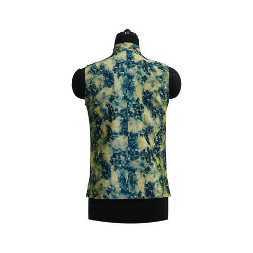 Aqua Digital Print Nehru Jacket with Front Pockets | Modern Sleeveless Vest for Festive and Casual Wear