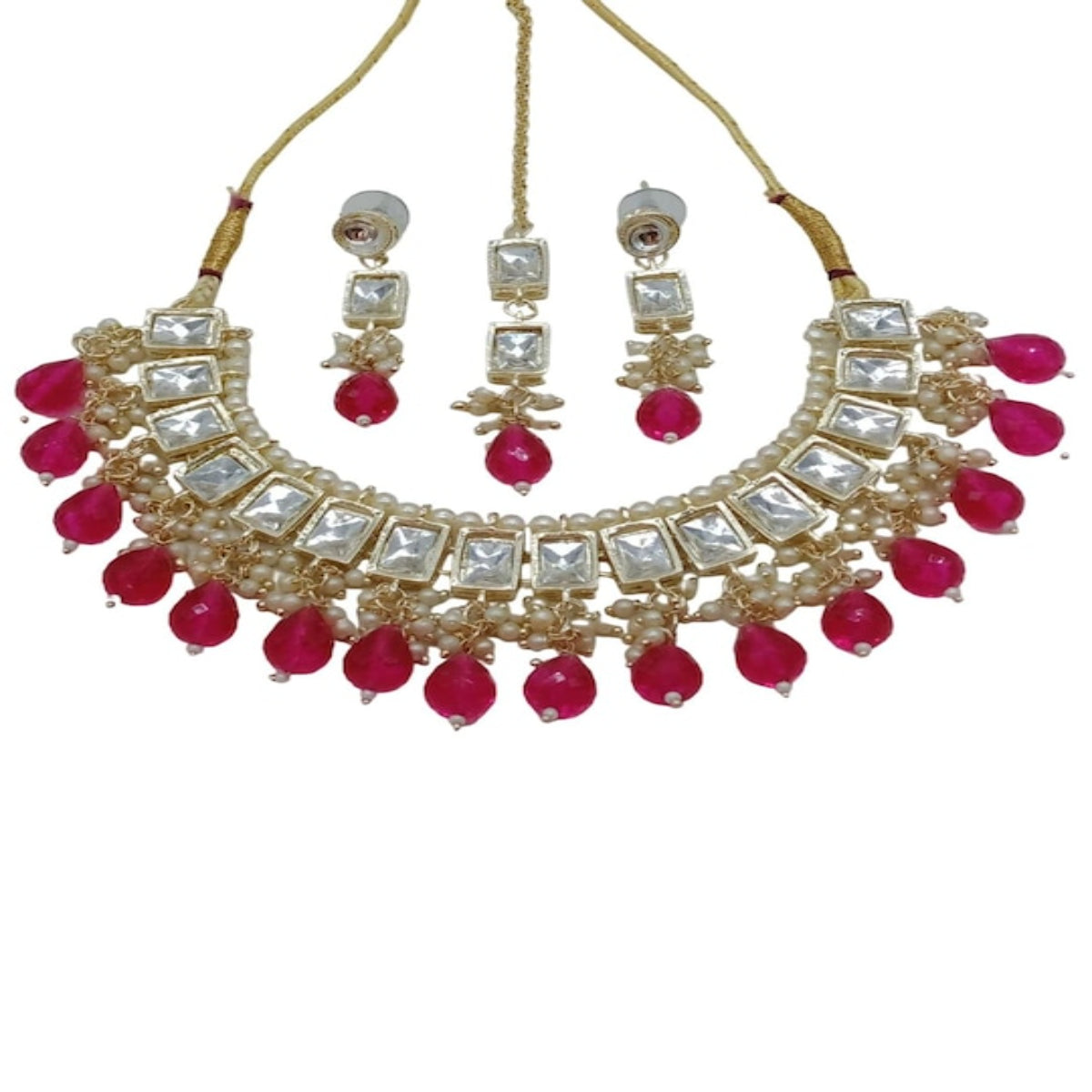 Elegant Kundan Choker, Garnet Drops and Matching Earrings & Tikka, Traditional Indian Wedding Jewelry (Set of 2)