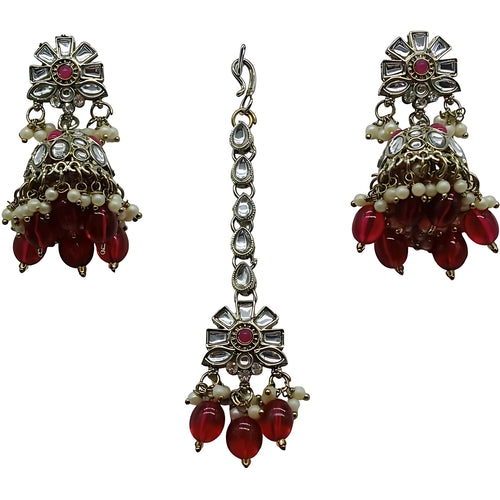 Long Necklace Set, magenta Beads - Traditional Indian Wedding Jewelry Earrings & Tikka, Traditional Indian Wedding Jewelry (Set of 2)