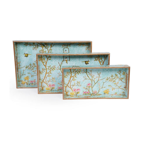 Decorative Nesting Trays with Handles, Wooden Tray for Coffee Table, Multicolor decorative trays, Rectangular floral design, Serving trays for snacks (Green & Gold  - Set of 3)