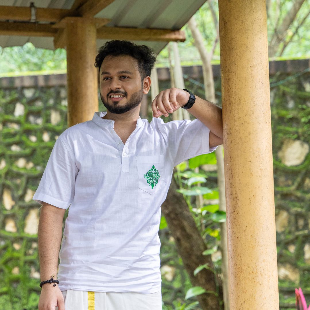 Embroidered Floral Kurta, Short Sleeve Kurta, Traditional Men's Shirt, Comfortable Cotton Linen Blend Shirt (Size 40, Green & White)