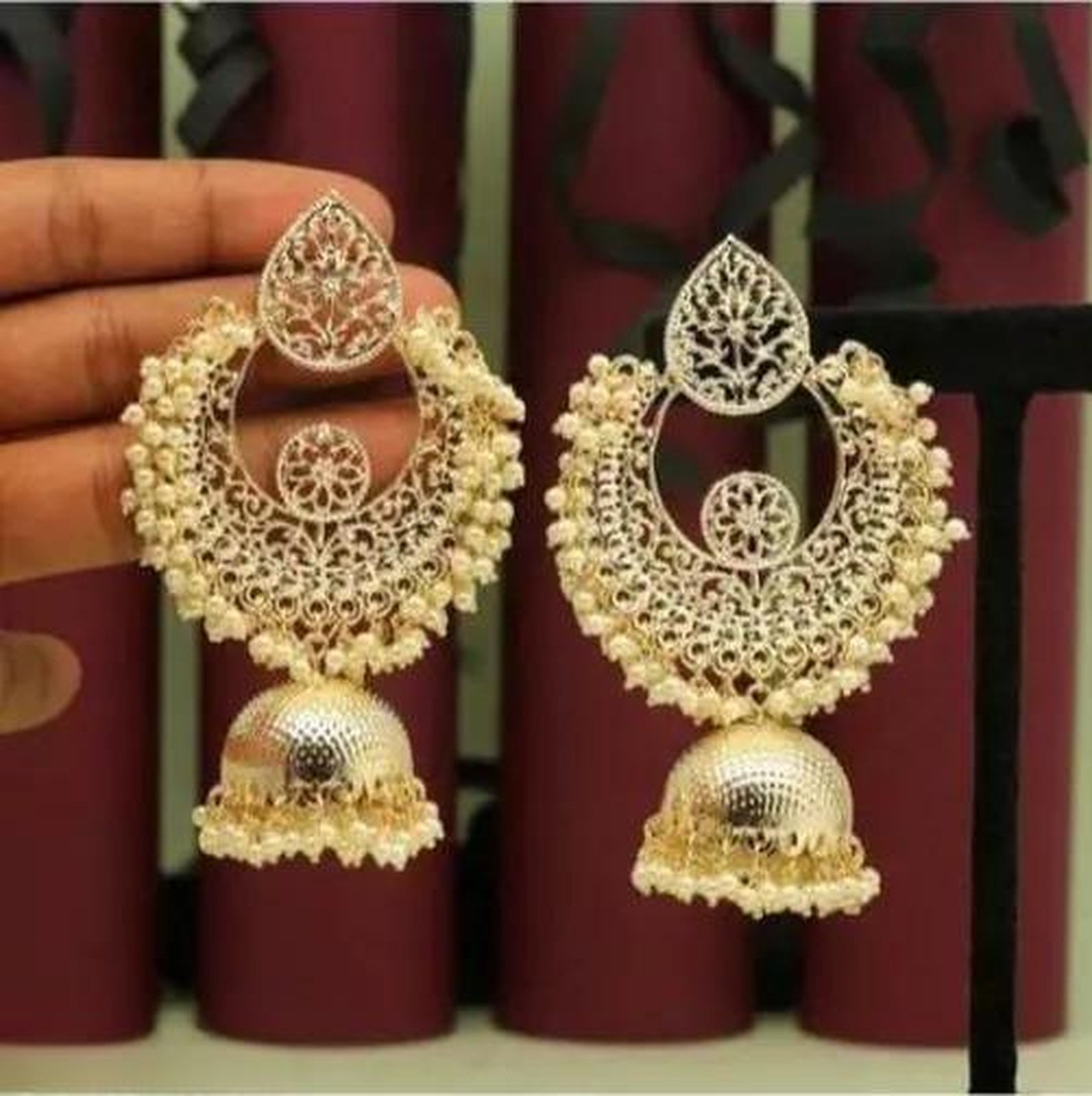 Luxurious Gold-Plated Filigree Jhumka Earrings, Pearl Embellishments, Traditional Indian Wedding Jewelry (Set of 1)