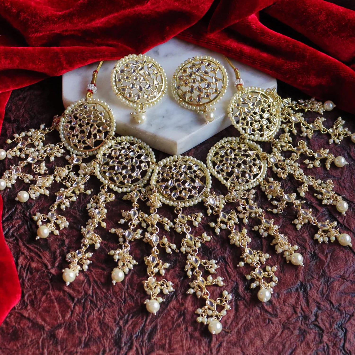 Exquisite  Gold-Plated Kundan Bridal Jewelry Set, Traditional Indian Wedding Jewelry (Set of 2)