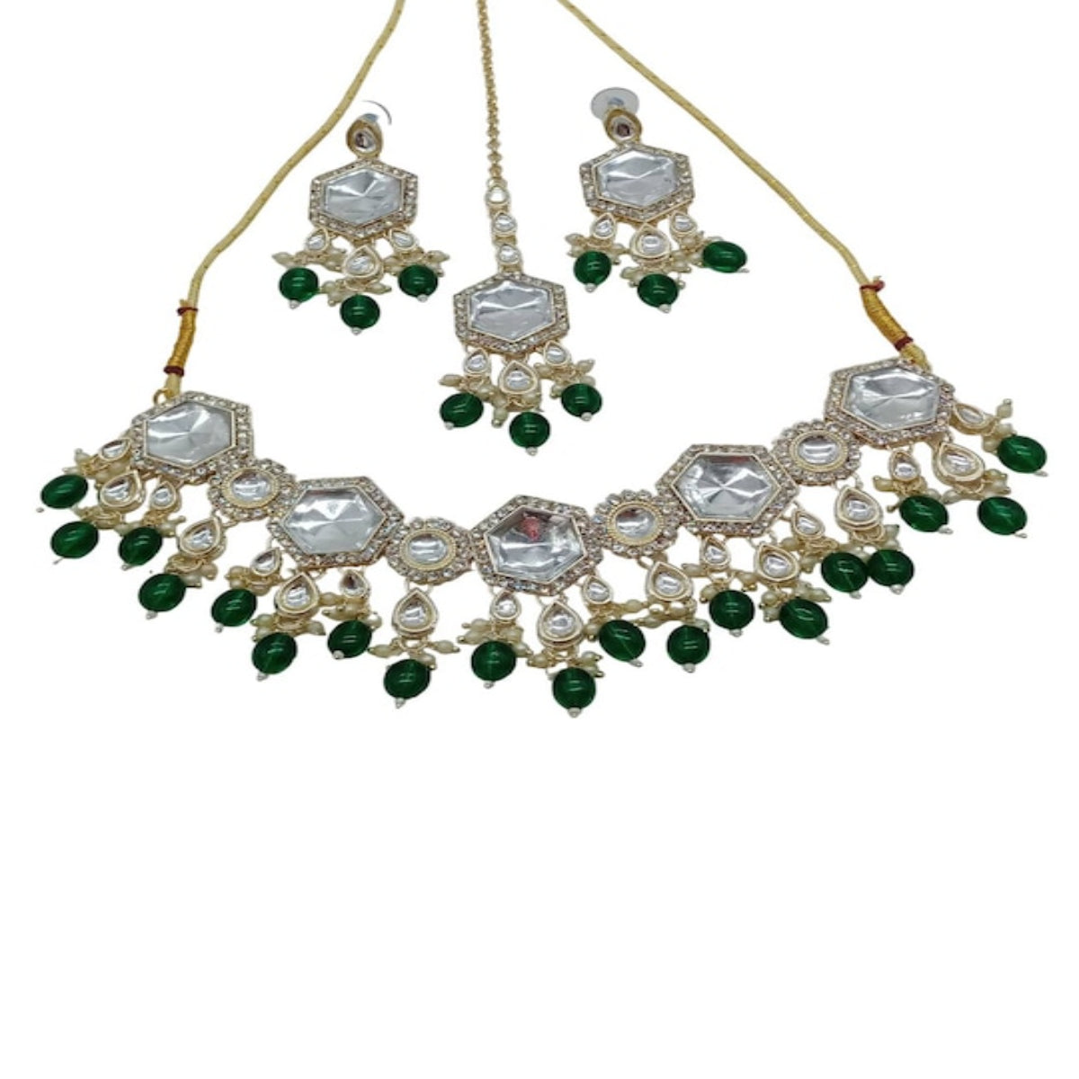 Elegant Kundan-Style Green and White Necklace, Earrings, and Tikka Set, Traditional Indian Wedding Jewelry (Set of 2)