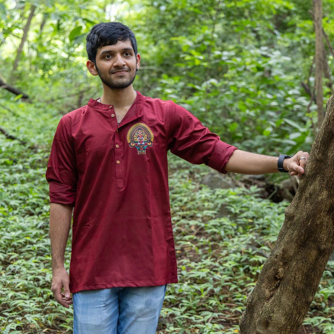 Padayani Loop Sleeve Short Maroon Kurta, Traditional Kerala Shirt, Comfortable Cotton Shirt for Men, Shirt for Festive Wear (Size 40, Maroon)