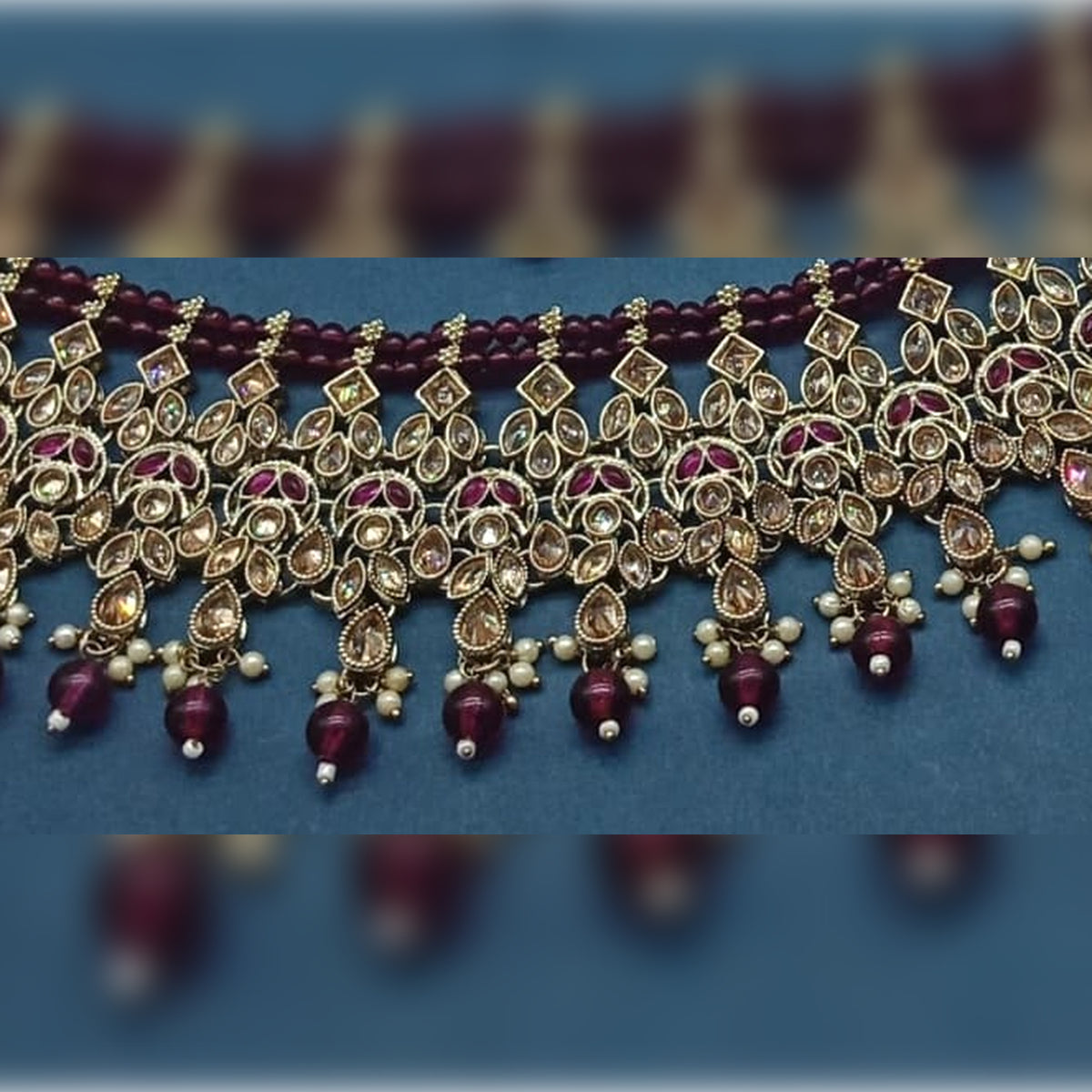 Wine Color Kundan Choker Necklace Set, Matching Earrings and Maang Tikka, Traditional Indian Wedding Jewelry (Set of 2)