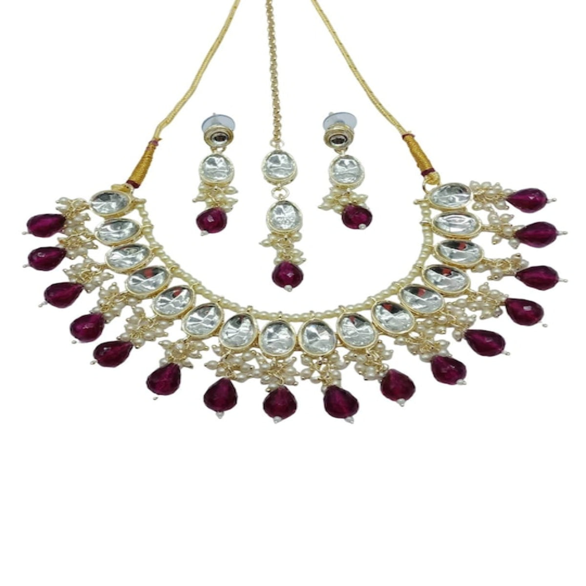 Elegant Kundan Choker Set, Garnet Drops & Matching Earrings and Tikka, Traditional Indian Wedding Jewelry (Set of 2)