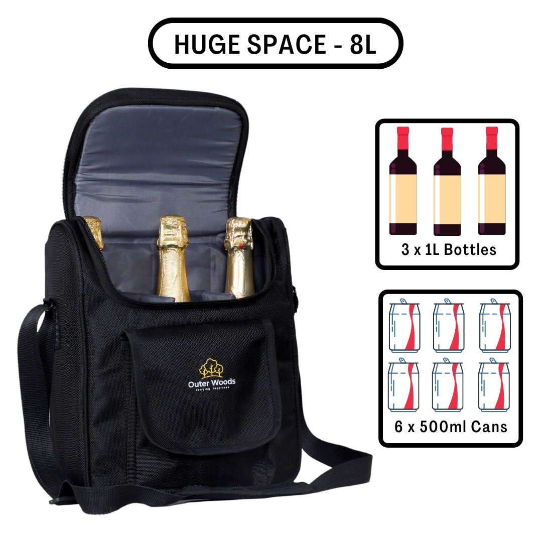 Outer Woods Nylon Insulated 3 Bottle Wine Cooler Bag 360 Degree Padded Protection For Glass Bottles Adjustable Slots, Snacks Pockets Ideal For Travel, Picnic, Party, Outing, Camping, Gifting