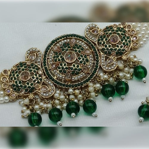 Kundan Meena Pearl Jewelry Set, Necklace, Earrings, and Maang Tikka, Traditional Indian Wedding Jewelry Set (Set of 2)