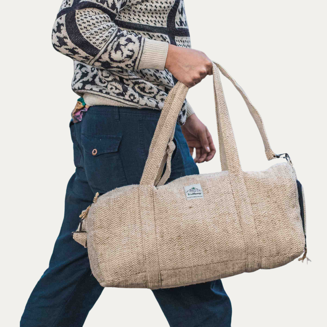 Eco-friendly hemp duffle bag with shoe pocket, perfect for travel or gym. This stylish and durable bag is made from sustainable hemp.