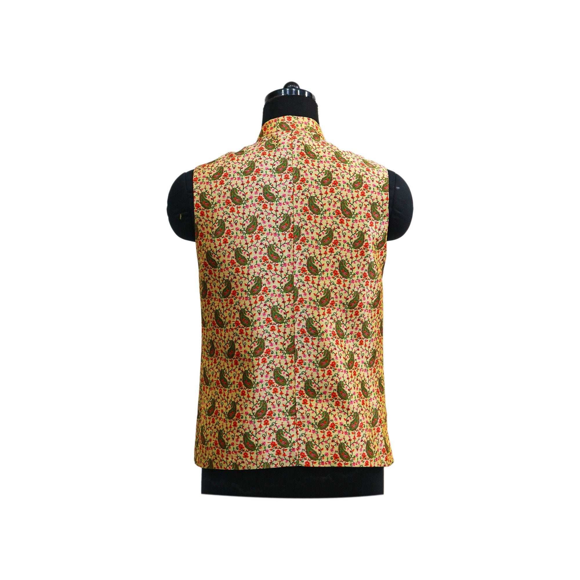 Gold handmade Nehru jacket with colorful floral paisley embroidery, back view on mannequin.