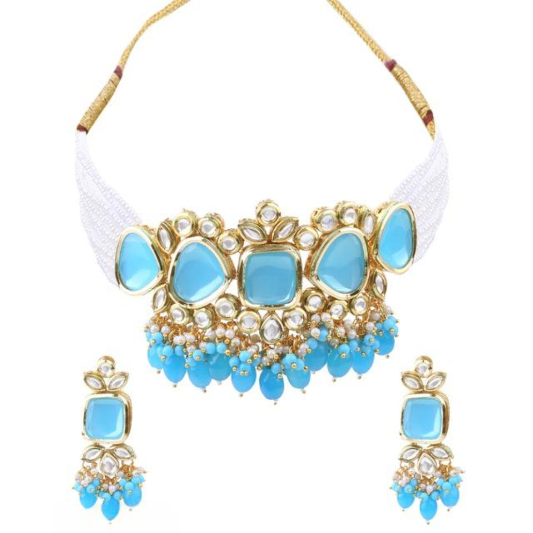 Elegant Torquise and Gold Indian Kundan Choker Necklace and Earring Set, Traditional Indian Wedding Jewelry (Set of 2)