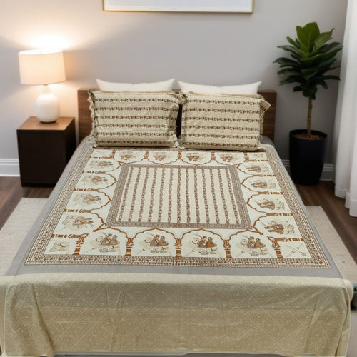 Rajasthani Handblock Print, 300 TC 100% Cotton Flat King Size Bedsheet (108 x 108inches) (275 x 275cm) with 2 Large Pillow Covers, Brown, Yellow & Brige