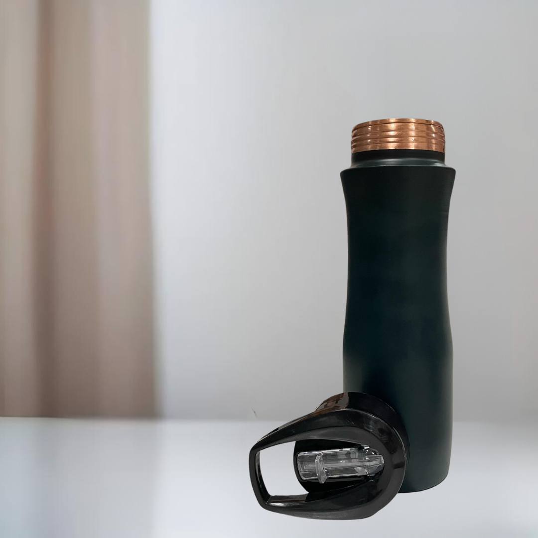 Sports Green Copper Bottle with a black lid and a copper top, shown with its lid off to the side.