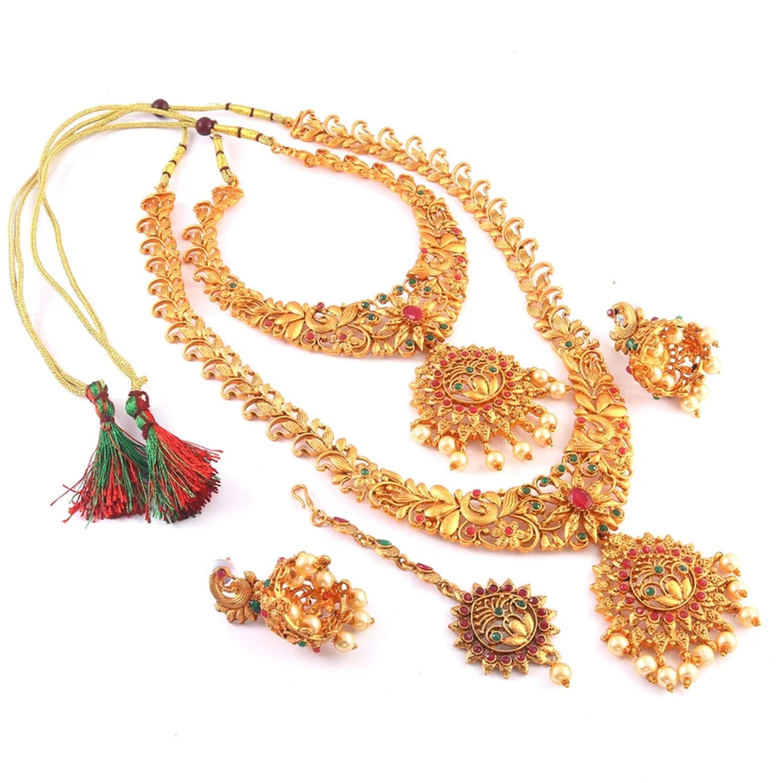 Traditional Gold-Plated Long Necklace Set, Earrings – Handcrafted Ethnic Bridal Jewelry for Weddings & Festive Occasions (Set of 3)