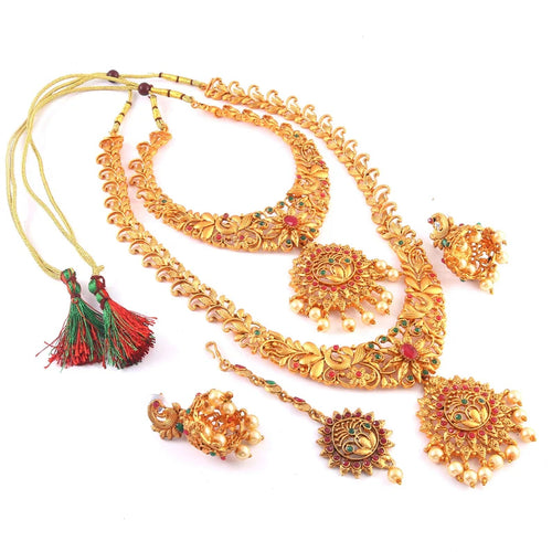 Traditional Gold-Plated Long Necklace Set, Earrings â€“ Handcrafted Ethnic Bridal Jewelry for Weddings & Festive Occasions (Set of 3)