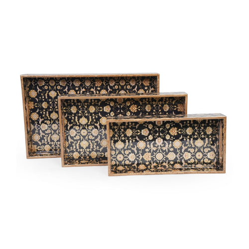 Decorative Nesting Trays with Handles, Wooden Tray for Coffee Table, Multicolor decorative trays, Rectangular floral design, Serving trays for snacks (Black & Gold - Set of 3)