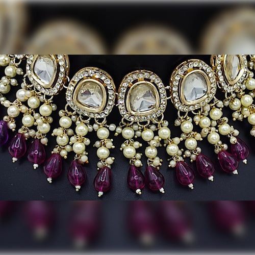 Elegant Kundan Pearl Necklace Set, Wine Drops and Matching Tikka, Traditional Indian Wedding Jewelry (Set of 2)